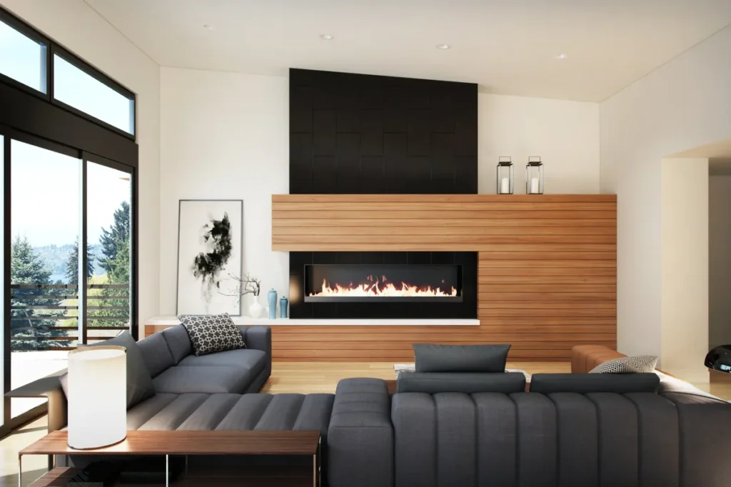 Remodeled open living room with a linear gas fireplace, walnut feature wall, and floor-to-ceiling windows in a Bellevue-area home renovated by Piper Cole Architects.