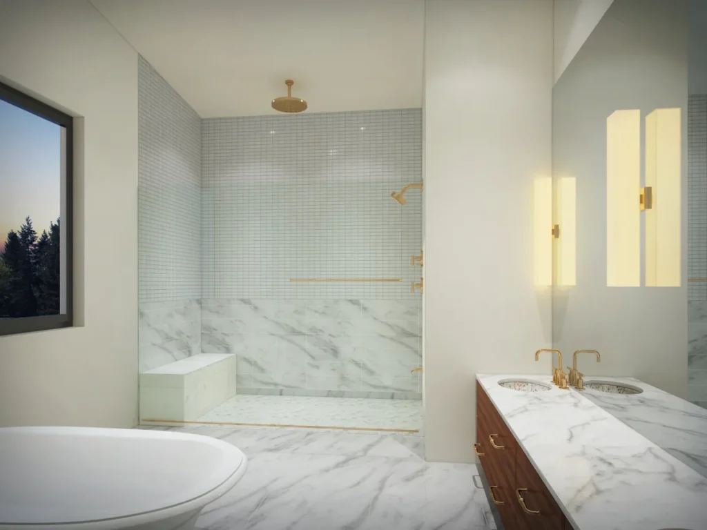 Renovated primary bathroom with a marble walk-in shower, freestanding tub, and warm-brass fixtures in a Seattle-area home by Piper Cole Architects.