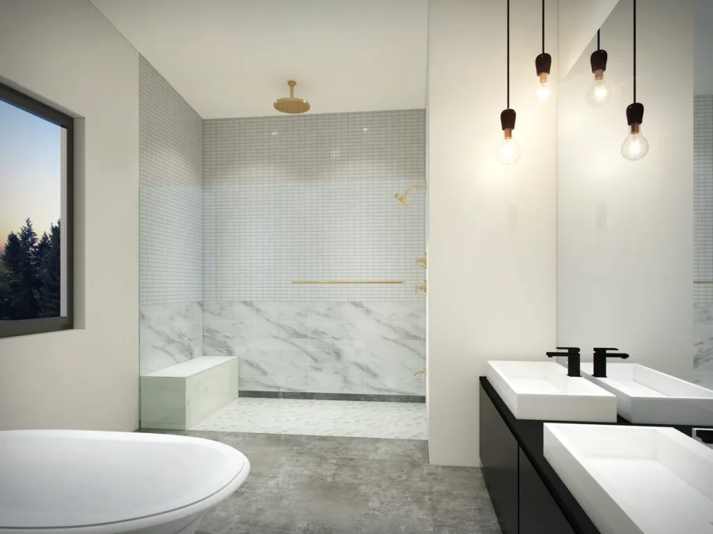 Renovated primary bathroom with a marble walk-in shower, freestanding tub, and dual vanities, designed by Piper Cole Architects in the Seattle area.