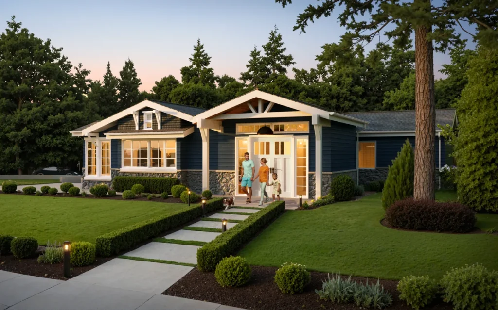 Updated craftsman-style home with a covered front porch and mature landscaping in the Seattle area, a home-addition project by Piper Cole Architects.