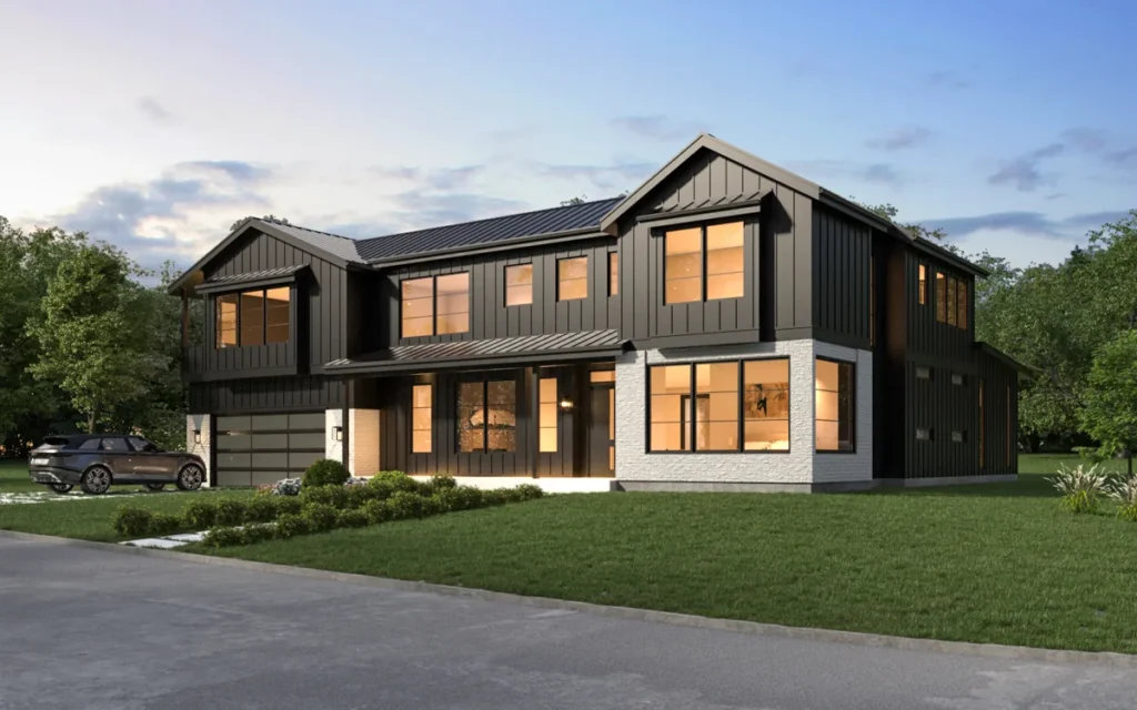 Modern farmhouse custom home with black board-and-batten siding and white trim in the Bellevue area, designed by Piper Cole Architects.