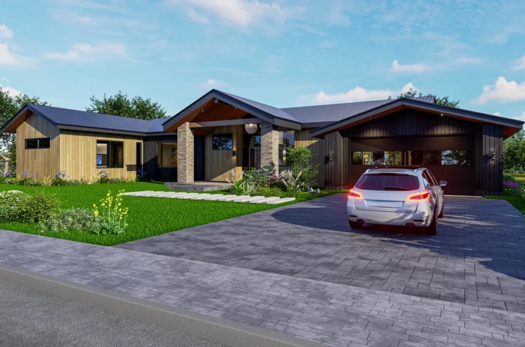 Rustic-modern custom home with warm wood siding, a stone entry, and a covered carport on a Pacific Northwest lot, by Piper Cole Architects.