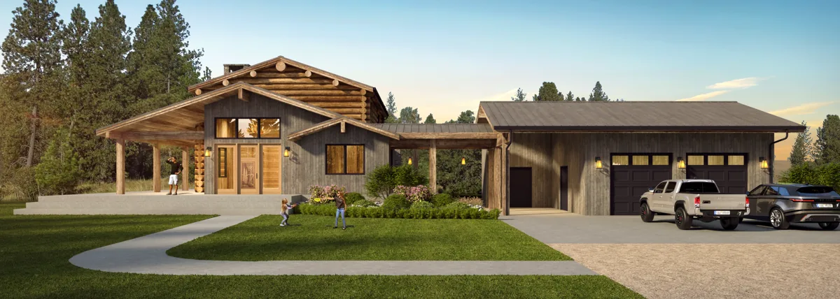 Timber-and-stone custom home with a covered carport set on a wooded Pacific Northwest lot, designed by Piper Cole Architects.