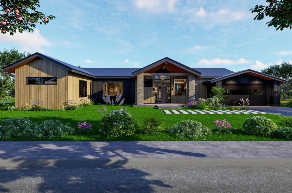 Eco-friendly modern home with natural wood and stone cladding and native landscaping in the Seattle area, designed by Piper Cole Architects.