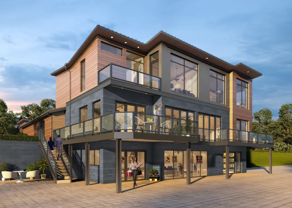 High-end contemporary residence with multi-level decks, warm-wood accents, and floor-to-ceiling glass in the Seattle area, designed by Piper Cole Architects.