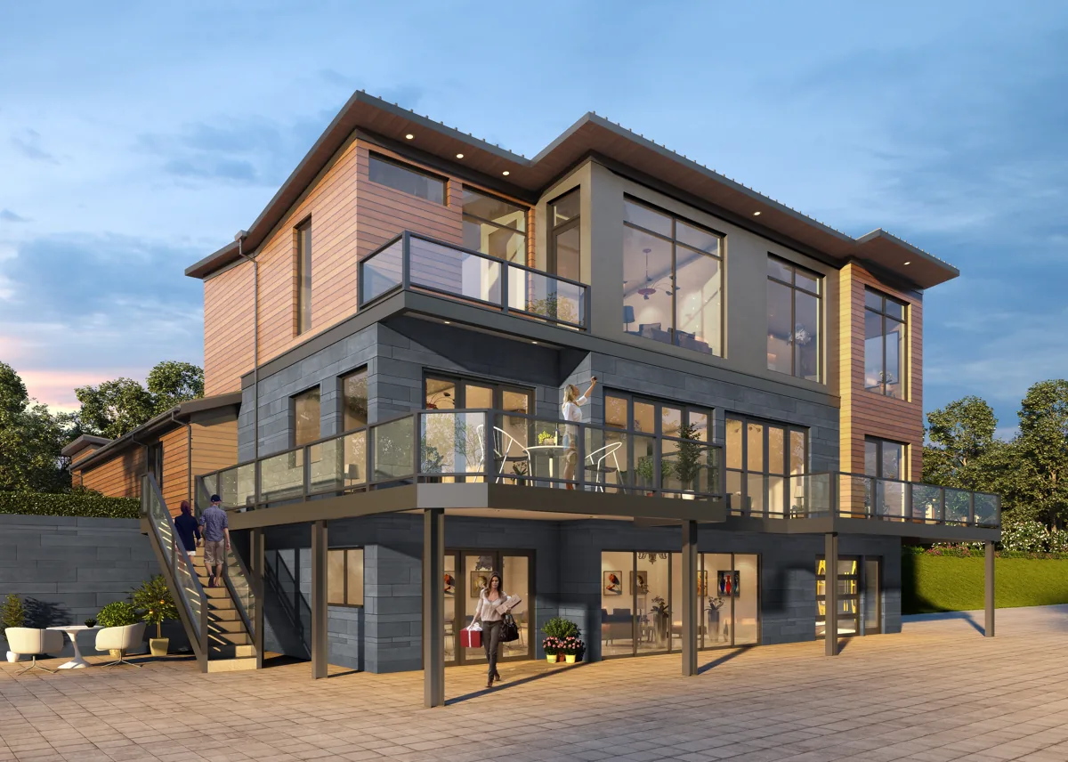 High-end contemporary residence with multi-level decks, warm-wood accents, and floor-to-ceiling glass in the Seattle area, designed by Piper Cole Architects.