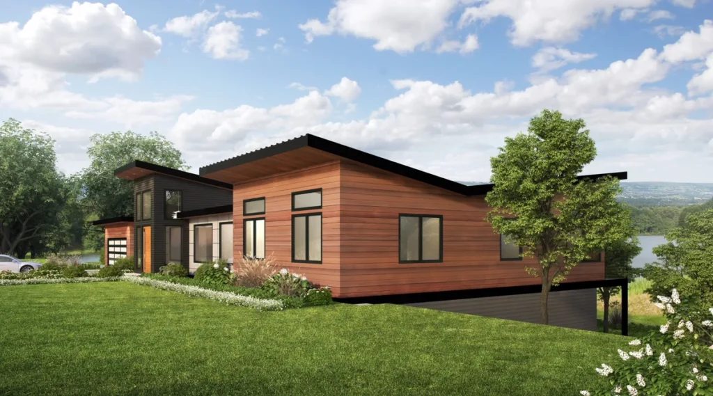 Modern wood-clad home on a waterfront lot with a low-slope roof and room to expand, designed by Piper Cole Architects in the Seattle area.