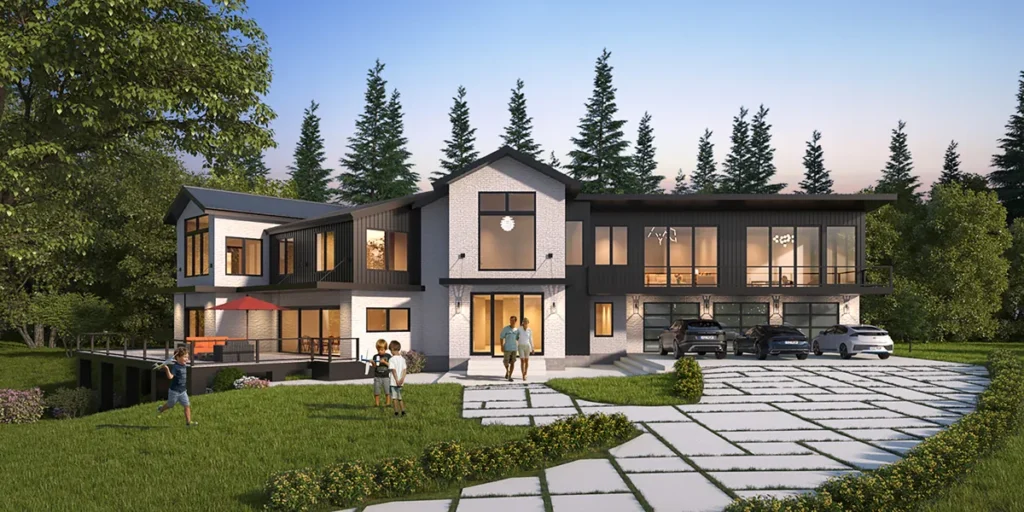 Large contemporary custom home with mixed cladding and expansive glass at dusk in the Kirkland area, designed by Piper Cole Architects.