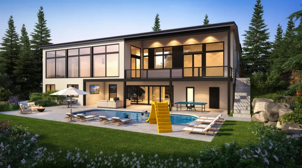 Contemporary luxury home with floor-to-ceiling glass and a backyard pool on the Seattle Eastside, designed by Piper Cole Architects.