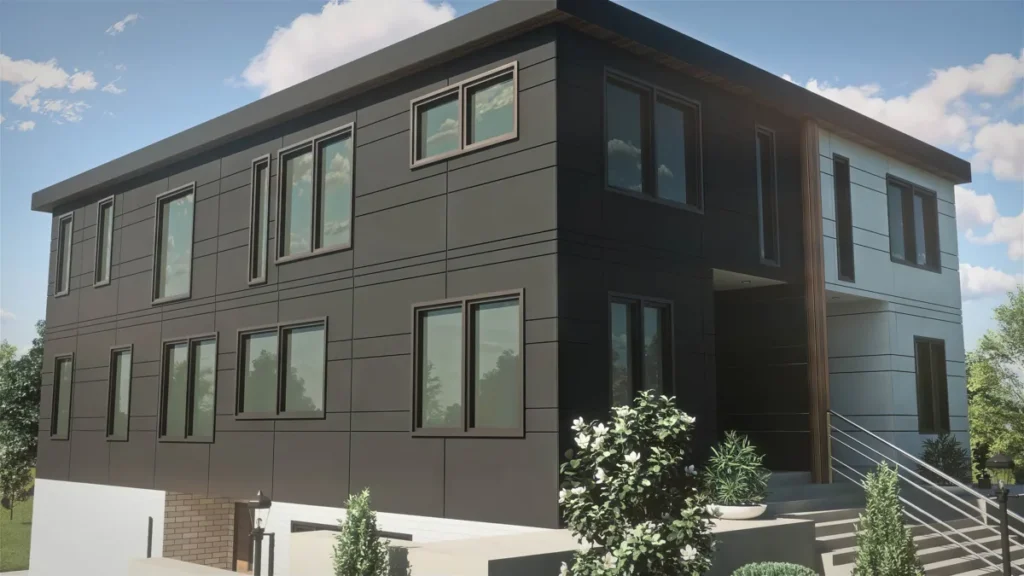 Contemporary two-story duplex with dark paneled cladding and symmetrical windows, a middle-housing (HB 1110) design by Piper Cole Architects on the Seattle Eastside.