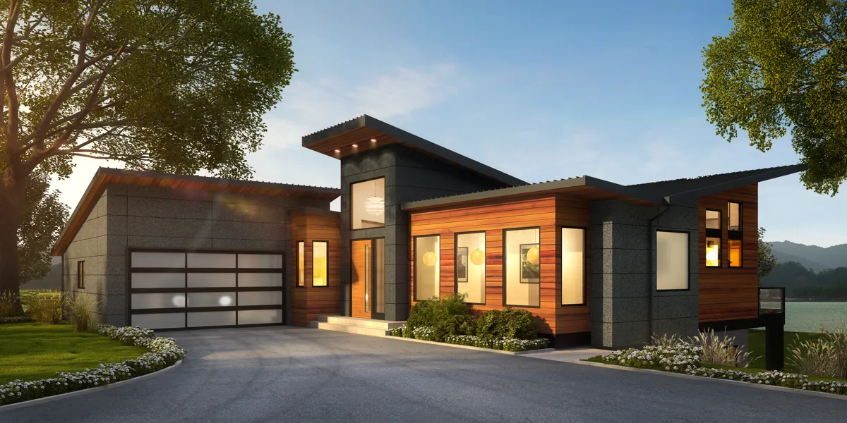 Modern single-story home with a low-slope roof, warm-wood cladding, and clean lines in the Seattle area, designed by Piper Cole Architects.