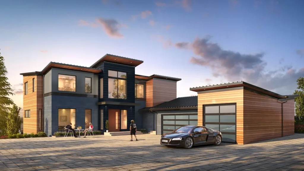 Modern two-story custom home with warm-wood and dark siding and a paver driveway on the Seattle Eastside, designed by Piper Cole Architects.