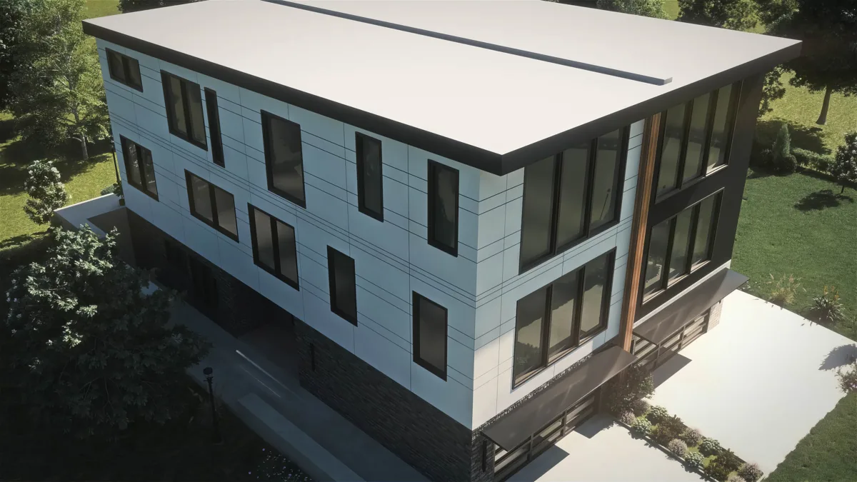 Contemporary multi-unit residential building with paneled cladding and symmetrical windows, a multifamily/middle-housing design by Piper Cole Architects in the Seattle area.