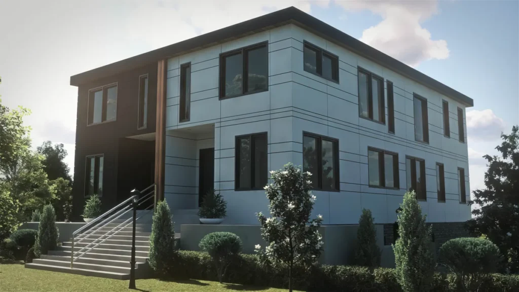 Contemporary multi-unit residential building with mixed cladding and symmetrical windows, a middle-housing design by Piper Cole Architects in the Seattle area.
