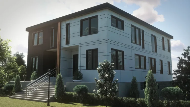 Contemporary multi-unit residential building with mixed cladding and symmetrical windows, a middle-housing design by Piper Cole Architects in the Seattle area.