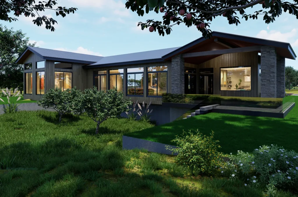 Low-slung modern net-zero-style home with deep eaves and a reflecting pool at dusk in the Pacific Northwest, designed by Piper Cole Architects.