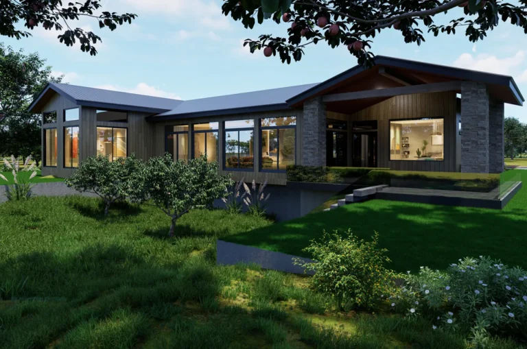 Low-slung modern net-zero-style home with deep eaves and a reflecting pool at dusk in the Pacific Northwest, designed by Piper Cole Architects.