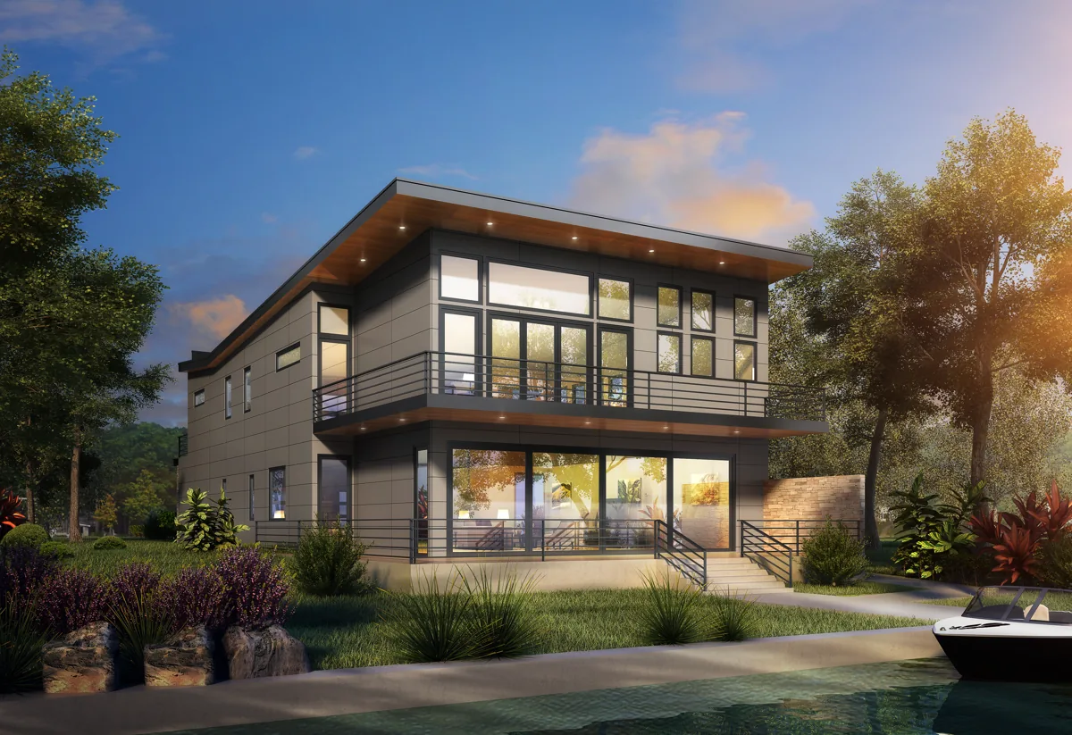 Newly built modern two-story waterfront home with dark siding and expansive glass near Seattle, designed by Piper Cole Architects.