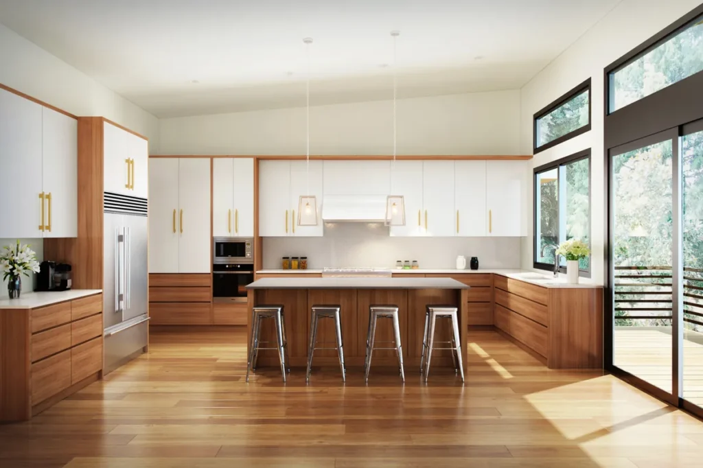 Open-plan kitchen with warm-wood and white cabinetry, a large island, and no dividing walls, an open-concept design by Piper Cole Architects near Seattle.
