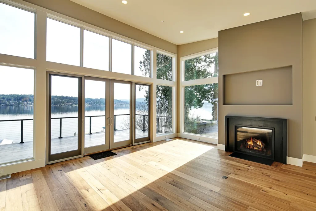 Open-plan living room with a linear fireplace, wide-plank floors, and floor-to-ceiling windows framing a waterfront view, renovated by Piper Cole Architects near Seattle.