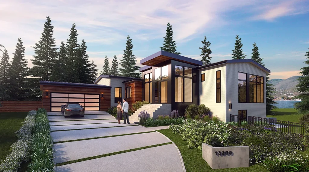 Contemporary residential home with warm-wood and dark siding, a car court, and mountain views in the Seattle area, designed by Piper Cole Architects.