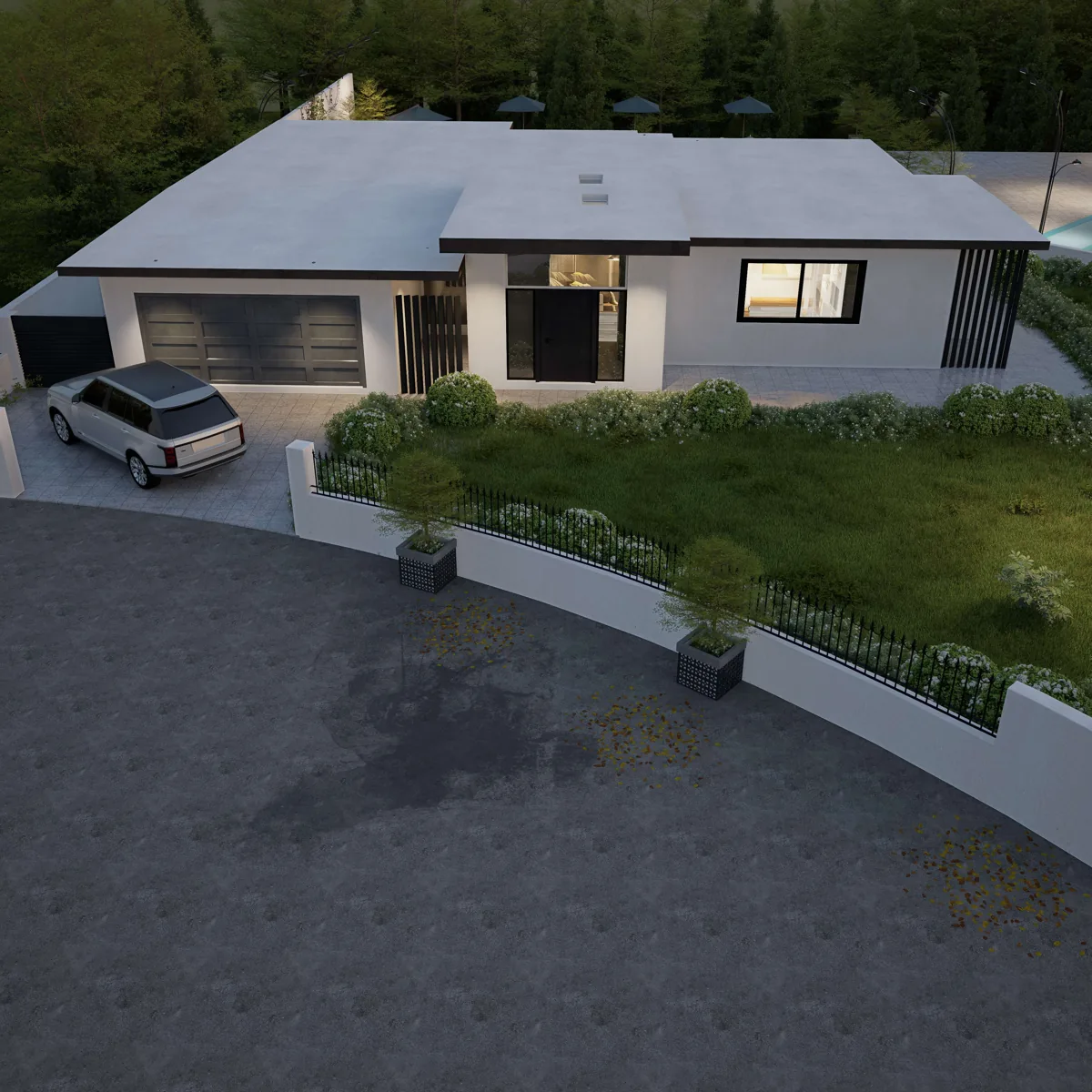 Single-story modern custom home with a low-slope roof and attached garage on a landscaped lot, designed by Piper Cole Architects for the Sammamish area.