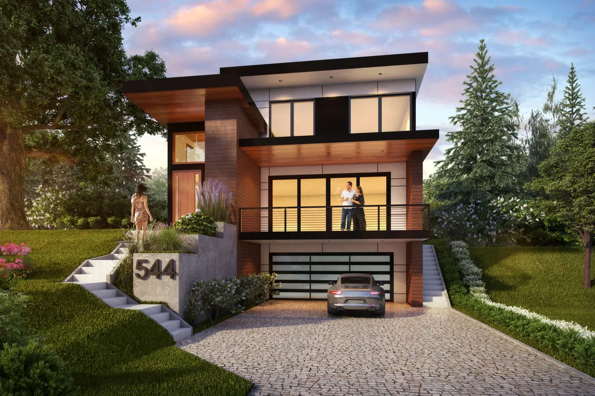 Contemporary multi-level home with a second-story balcony and glass facade in the Seattle area, illustrating a vertical addition by Piper Cole Architects.