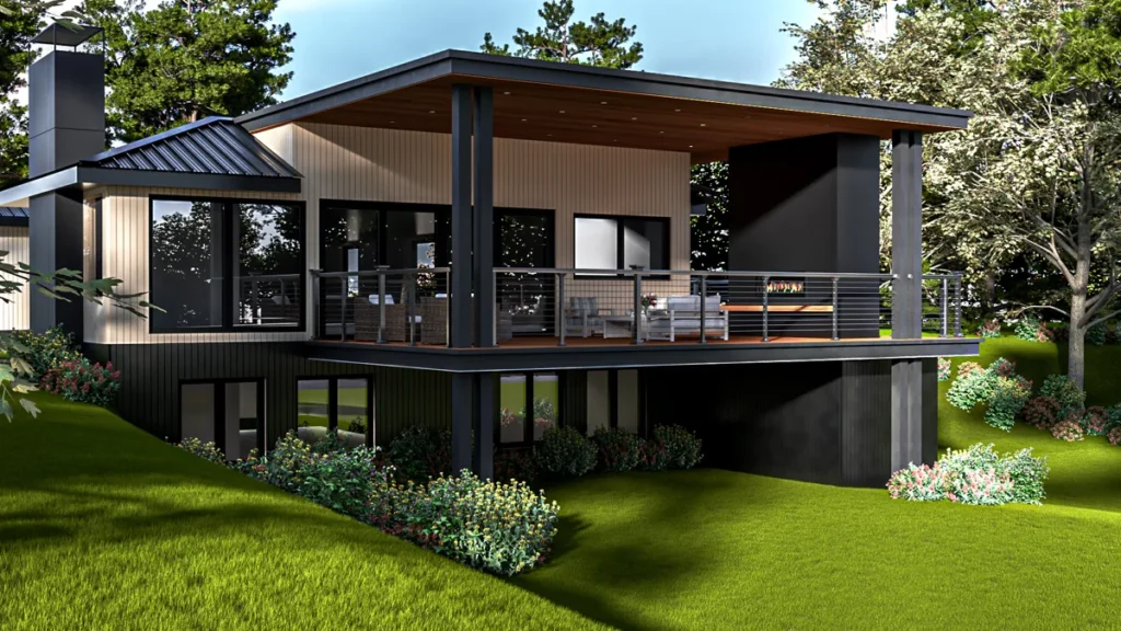 Modern home on a sloped lot with a covered deck and daylight lower level overlooking the yard, designed by Piper Cole Architects near Seattle.