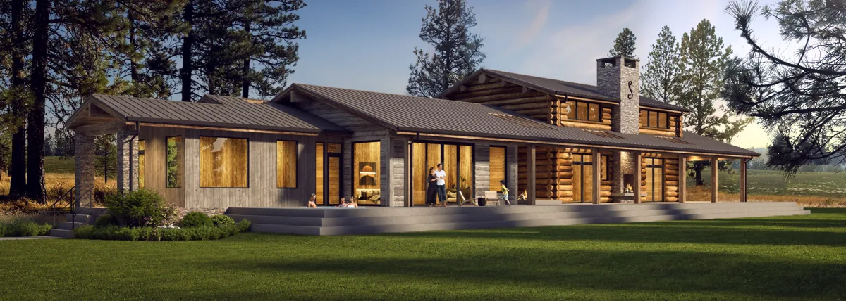 Sustainable timber-and-stone home with wide glazing and low-slope roofs set among evergreens and lawn near Seattle, designed by Piper Cole Architects.