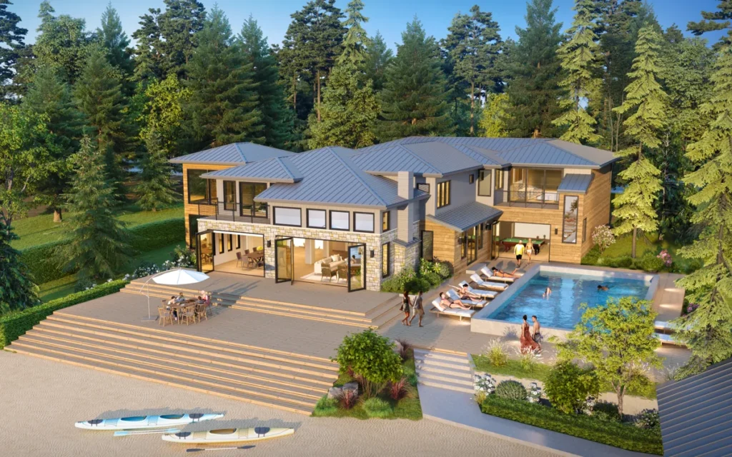 Large waterfront home with expansive glass, a lakeside pool, and kayaks on the shore near Seattle, designed by Piper Cole Architects.