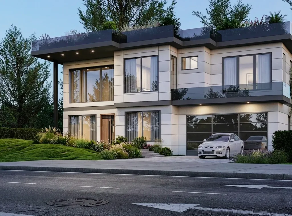 Bellevue Spec Home: street elevation at dusk
