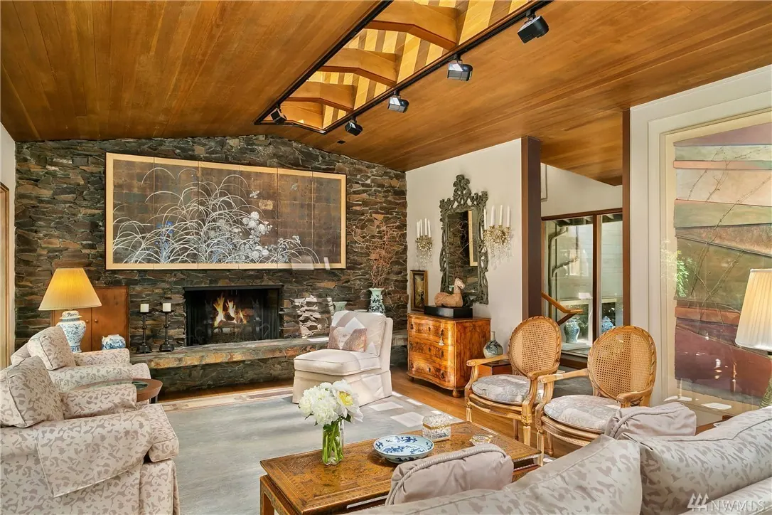 Cannon Remodel: living room with stone fireplace