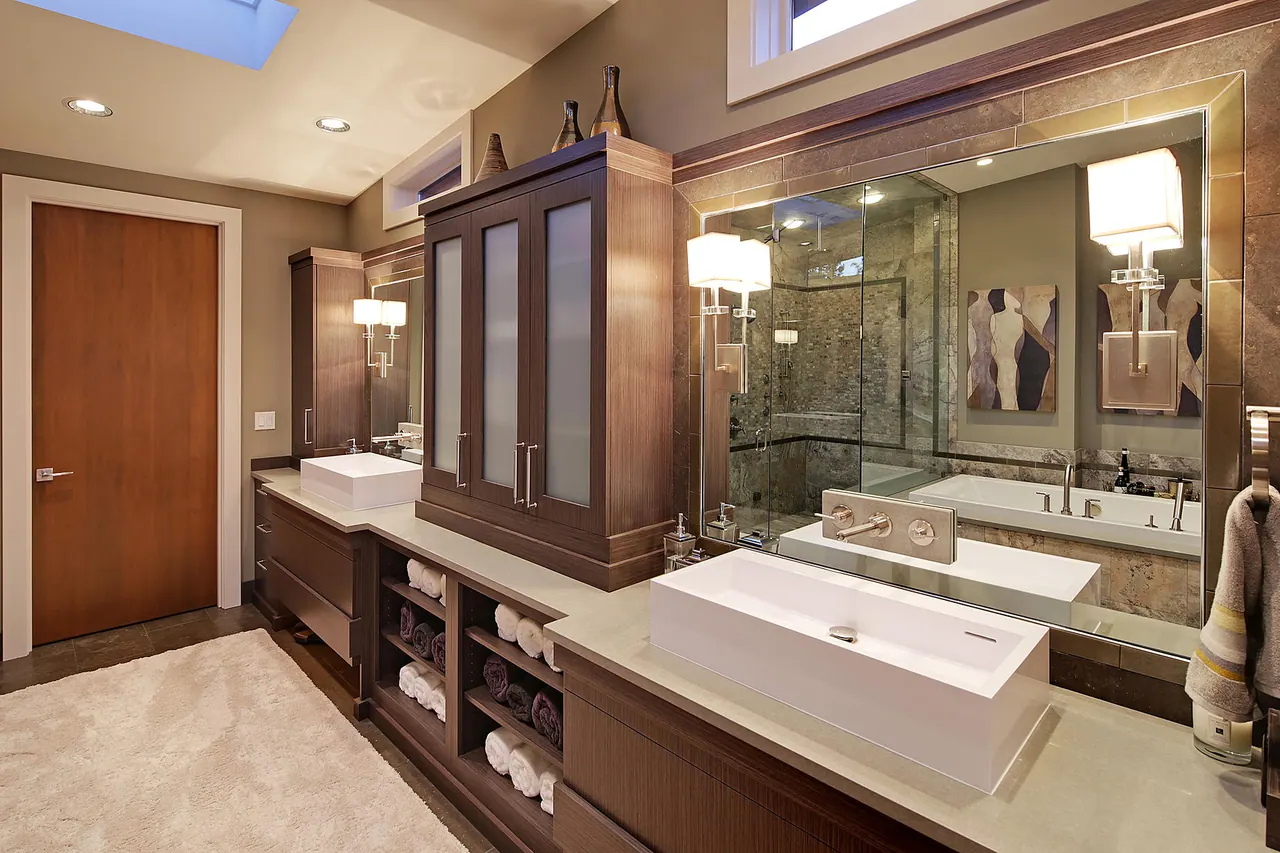 Carr Remodel: primary bath with vessel sinks