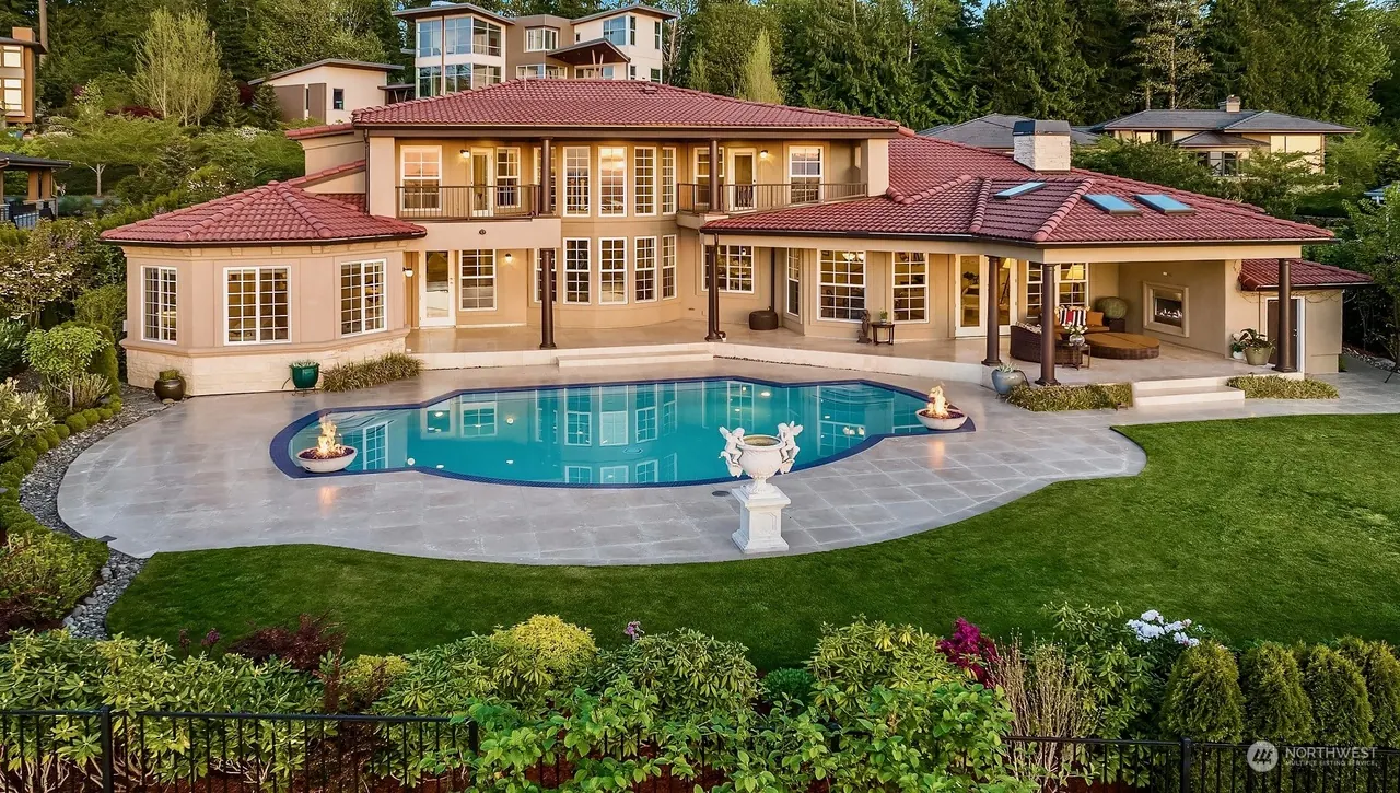 Harrison Street: aerial view of house, pool terrace and lawn