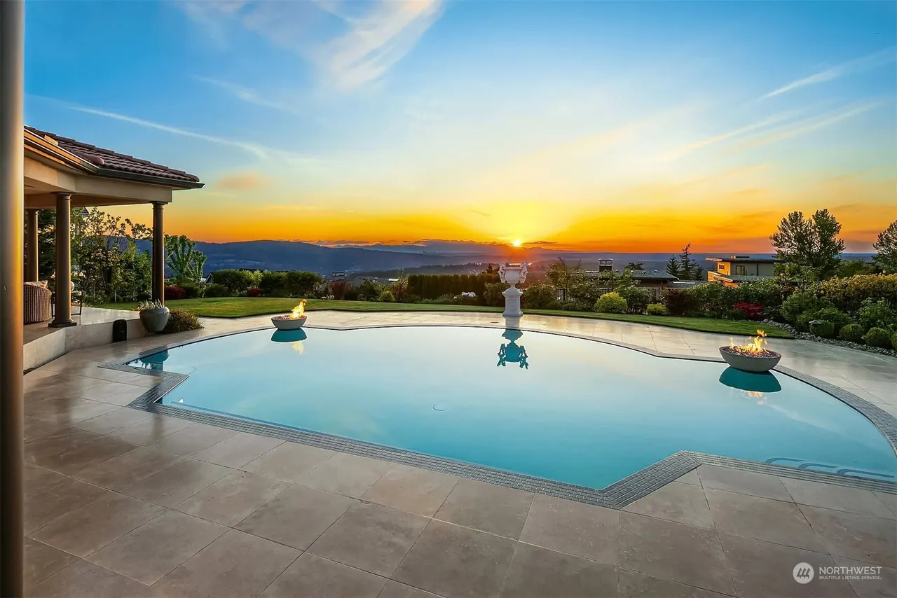 Harrison Street: pool and fire bowls at sunset