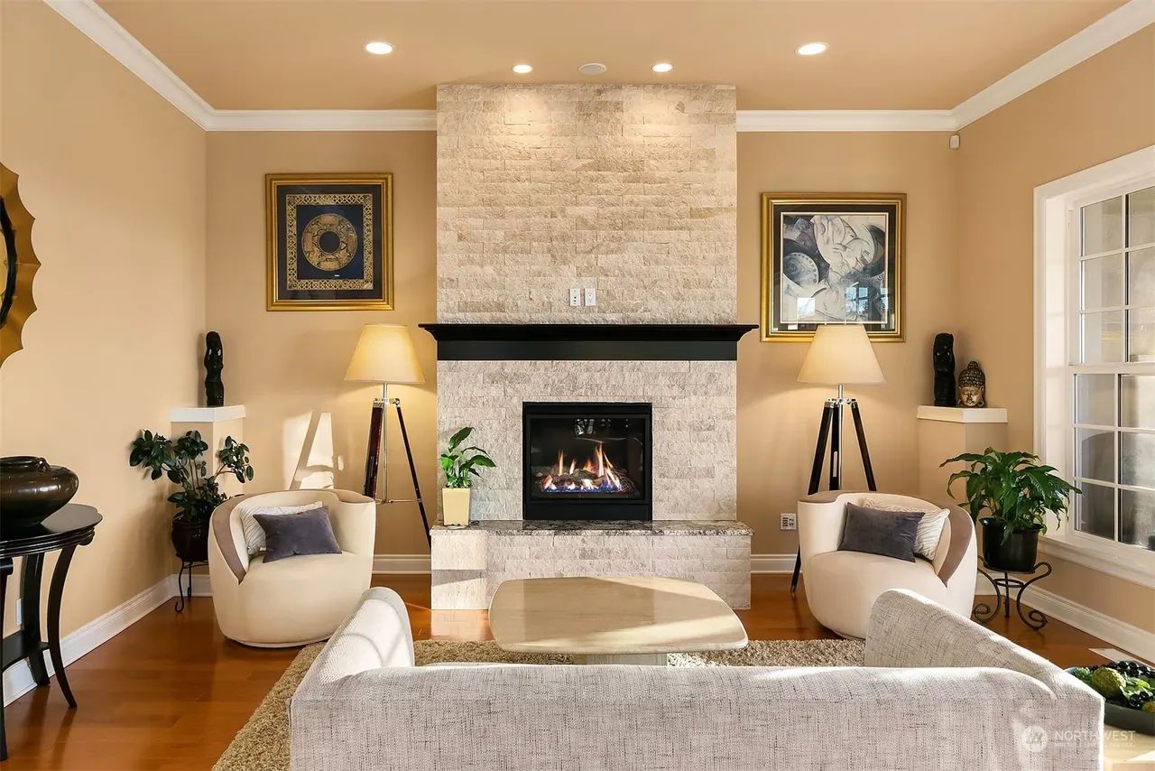 Harrison Street: living room with stone fireplace