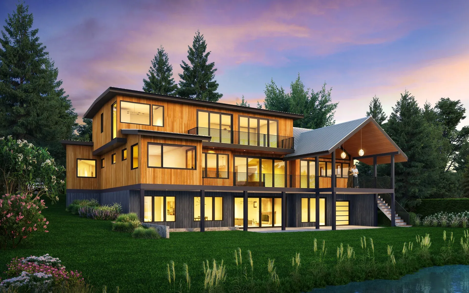 Cedar and glass house at dusk, designed by Piper Cole Architects