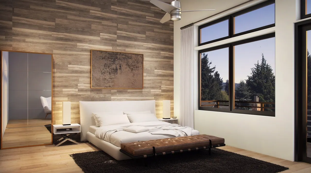 Houghton, Kirkland: primary bedroom with reclaimed-wood feature wall