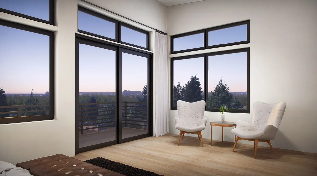 Houghton, Kirkland: bedroom sitting area with tall corner windows