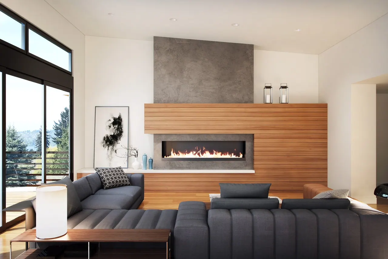 Houghton, Kirkland: living room with linear fireplace in a walnut surround