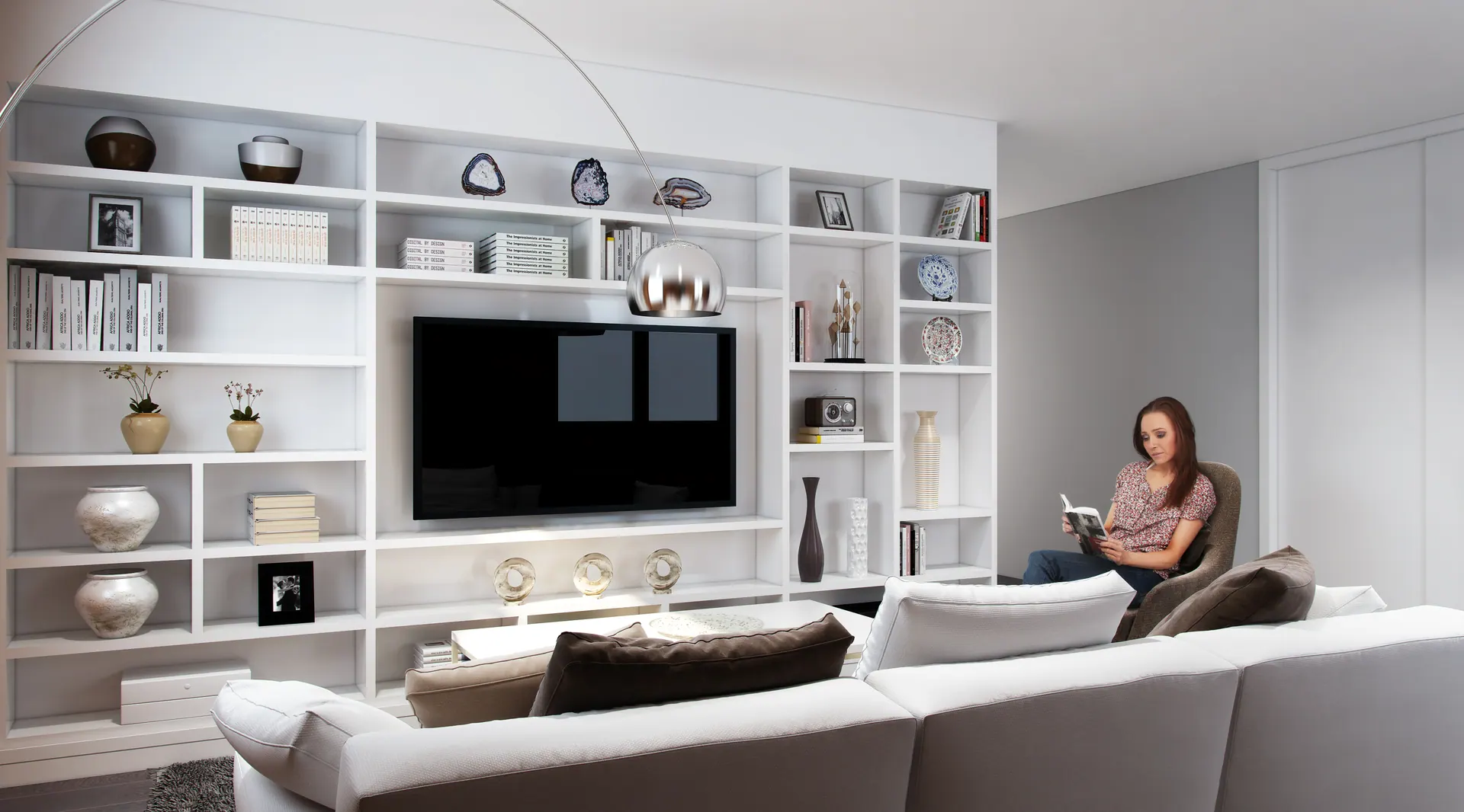 Houghton, Kirkland: family room with built-in shelving