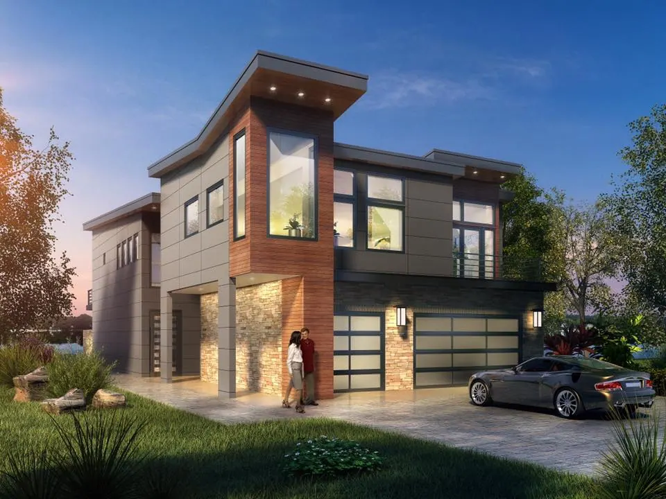 Kirkland Waterfront Custom Home: street elevation with full-height glazed entry