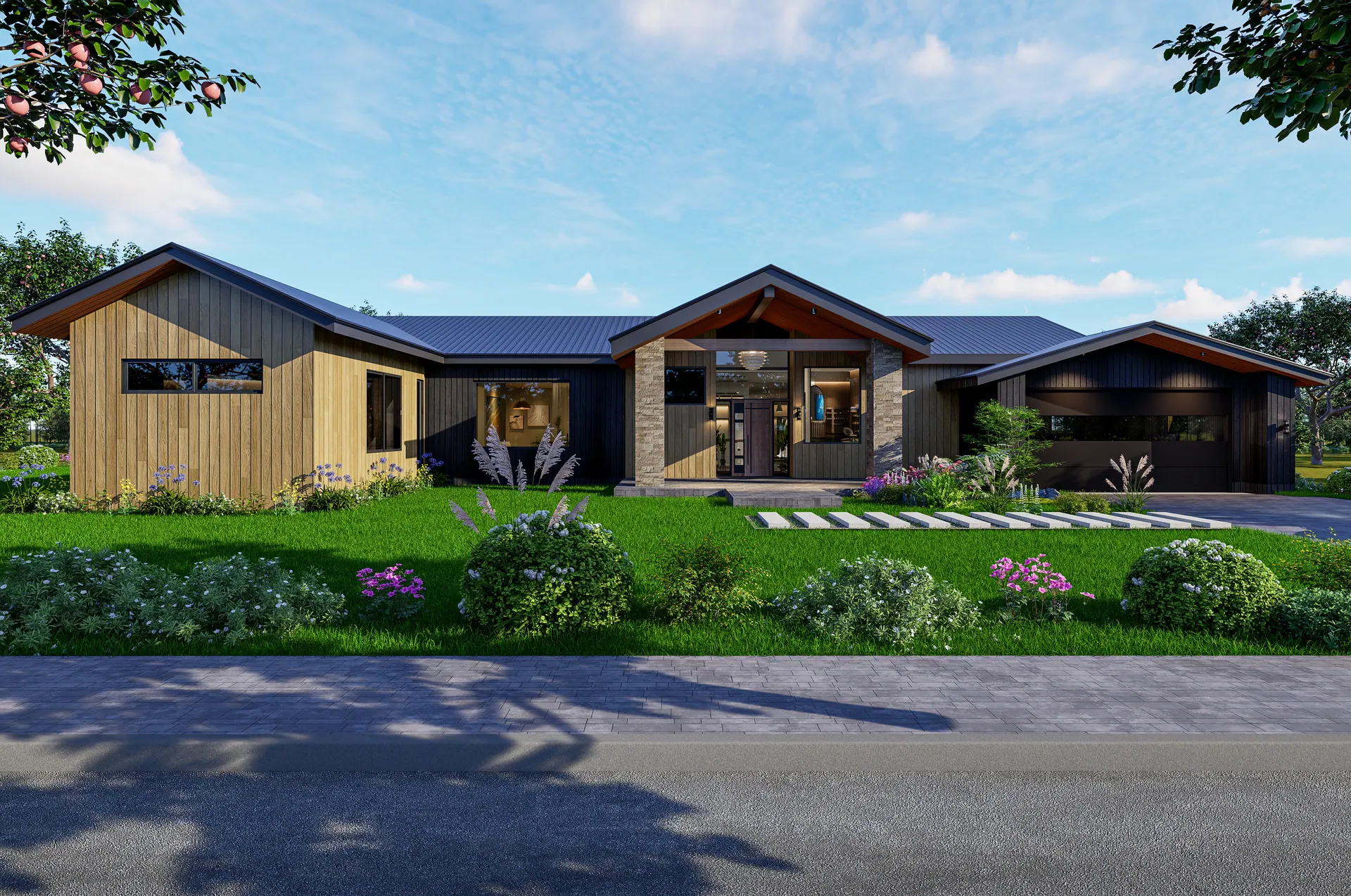Lake Chelan Residence: rear elevation at dusk
