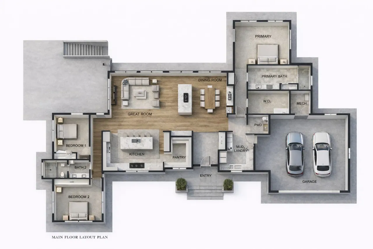 Lake Chelan Residence: street elevation with pale panel wing