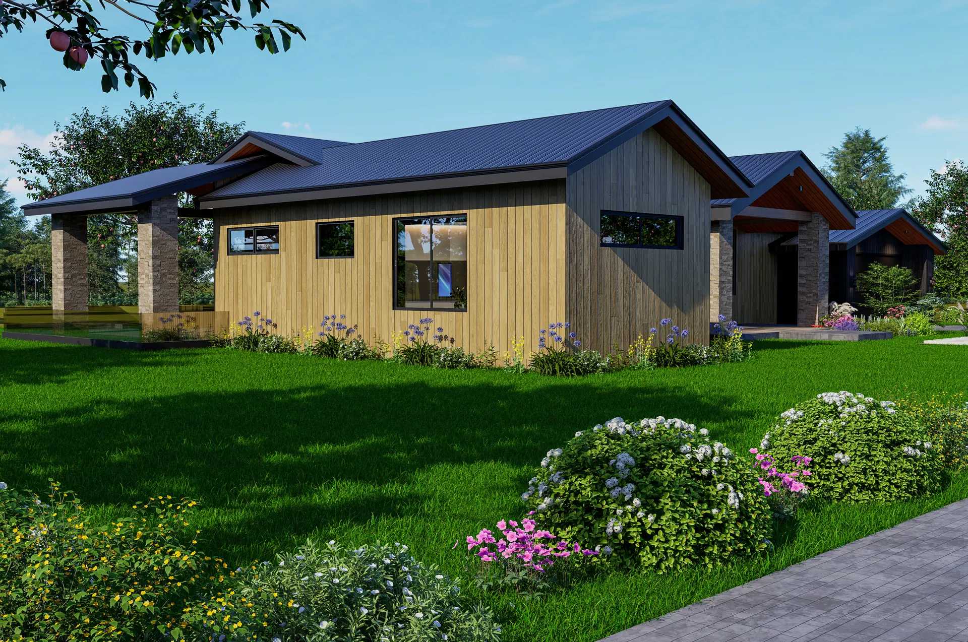 Lake Chelan Residence: front elevation and courtyard