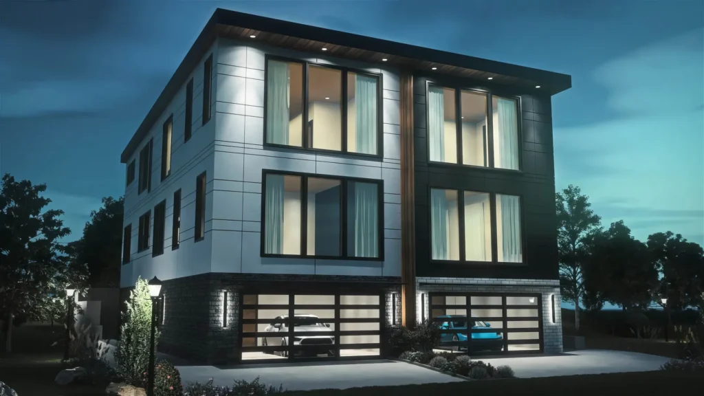 Lakeview Duplex: street elevation at night with garages lit
