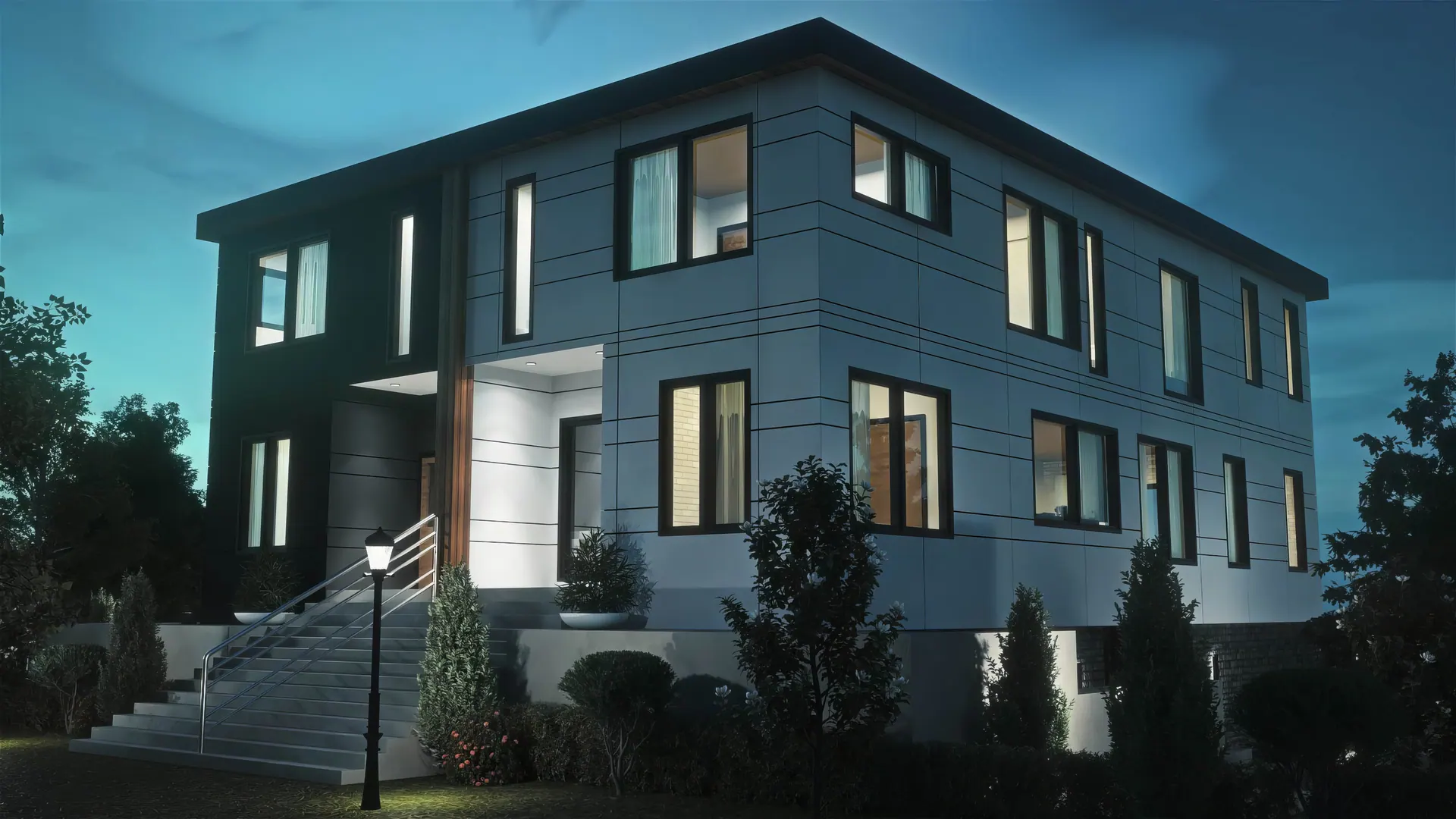Lakeview Duplex: entry stair at night