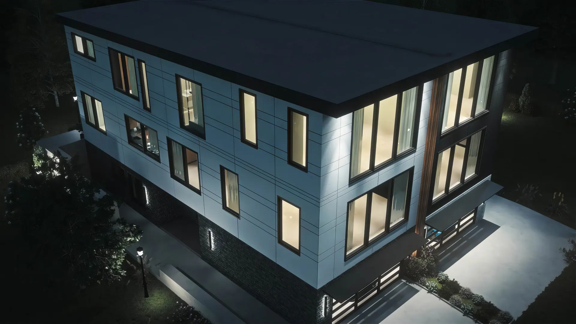 Lakeview Duplex: aerial view at night