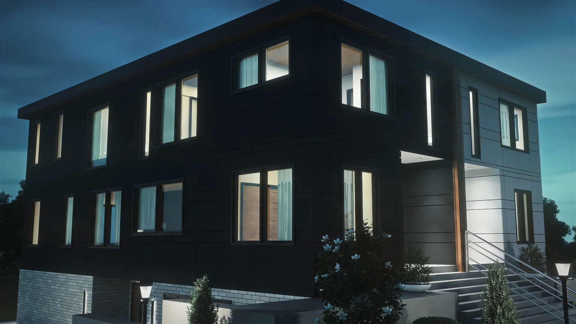 Lakeview Duplex: dark-clad elevation at night