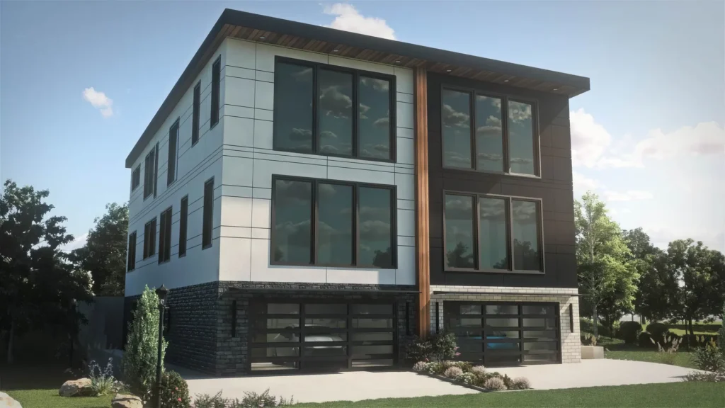 Lakeview Duplex: street elevation with garages at grade